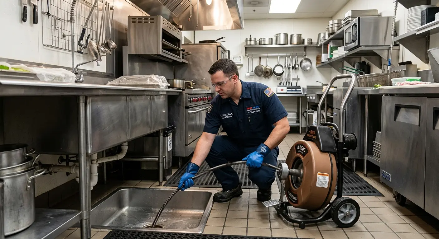 Commercial drain cleaning service in a restaurant kitchen in Hallandale Beach