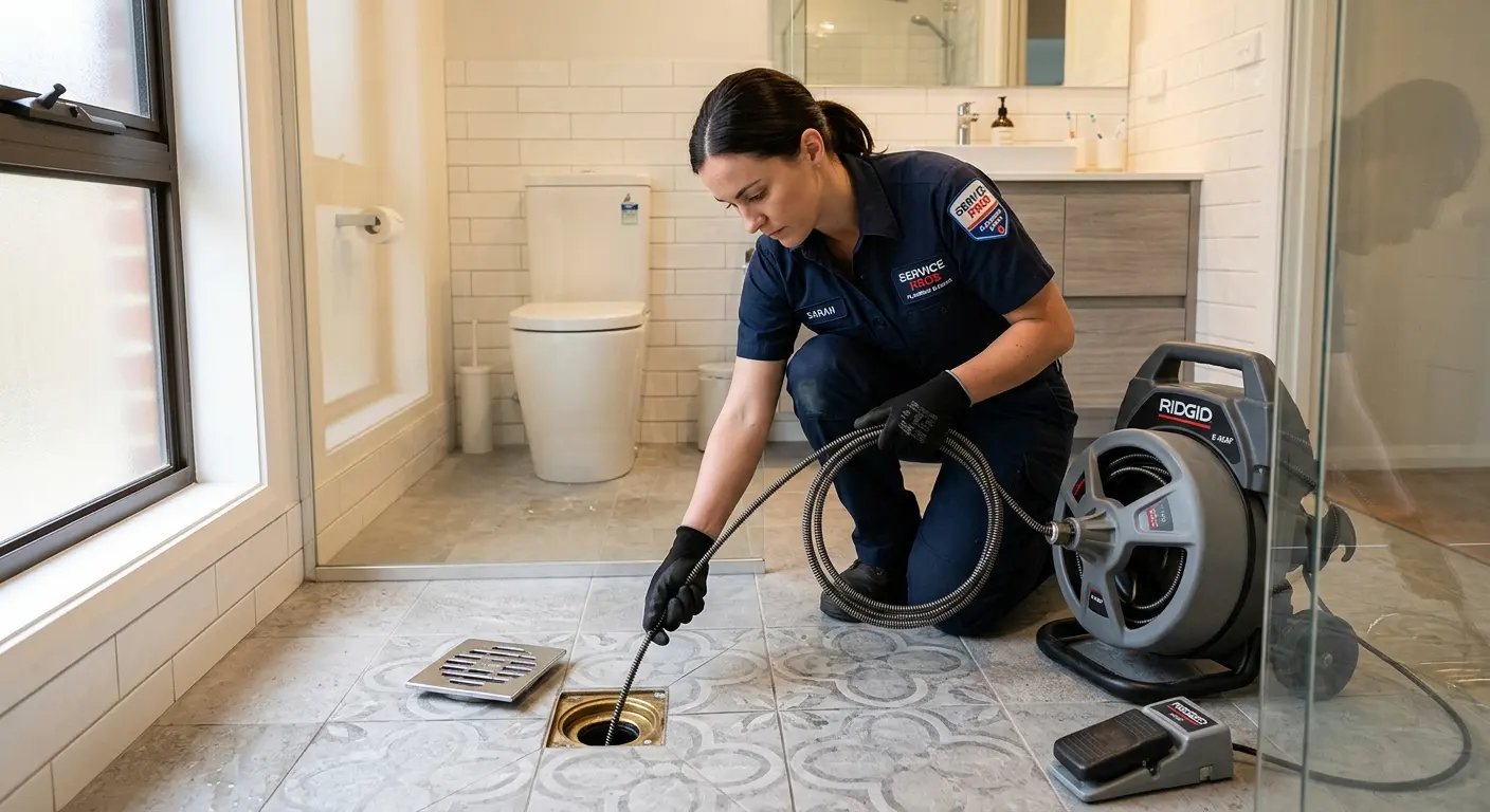 Technician clearing a bathroom floor drain for Drain Cleaning in Hallandale Beach